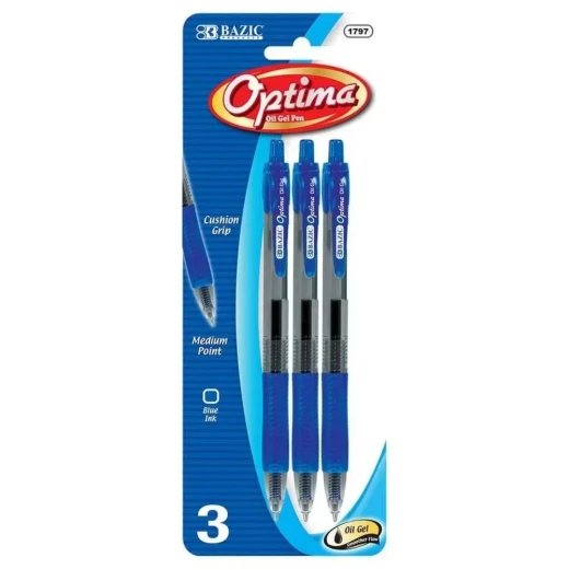 BAZIC Optima Blue Oil-Gel Ink Retractable Pens 3 Pack BAZIC Optima Blue Oil-Gel Ink Retractable Pens 3 Pack