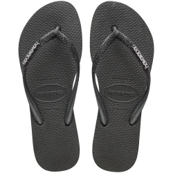 شبشب Havaianas Slim Glitter II نسائي أسود/أسود، مقاس 37/38، بأشرطة رفيعة لامعة وشعار Havaianas، نعل مطاطي مريح ومقاوم للانزلاق، خفيف وأنيق