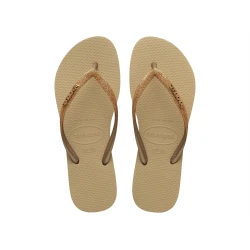 شبشب Havaianas Slim Glitter II نسائي باللون البيج والذهبي المعدني، مقاس 35/36 برازيلي، بتصميم لامع وأشرطة أنيقة، خفيف ومريح، مثالي للصيف والشاطئ