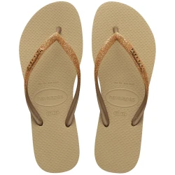 شبشب Havaianas Slim Glitter نسائي باللون البيج والذهبي الفاتح المعدني، مقاس 39/40، بتصميم لامع أنيق، خفيف ومريح، مثالي للشاطئ والمسبح
