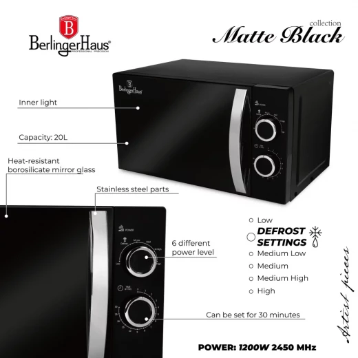 Berlinger Haus Matte Black 20L Microwave Oven Stainless Steel Interior - Image 3