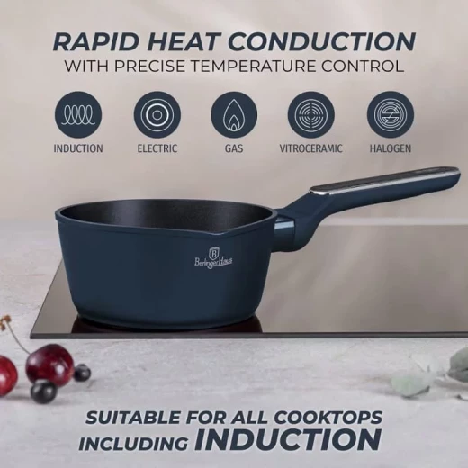 قدر طهي من مجموعة ديب سي من بيرلينجر هاوس بقطر 16 سم غير لاصق بغطاء من الألومنيوم المطروق وقاعدة تحريض توربو بلون أزرق مطفي - بيرلينجر هاوس - Image 8