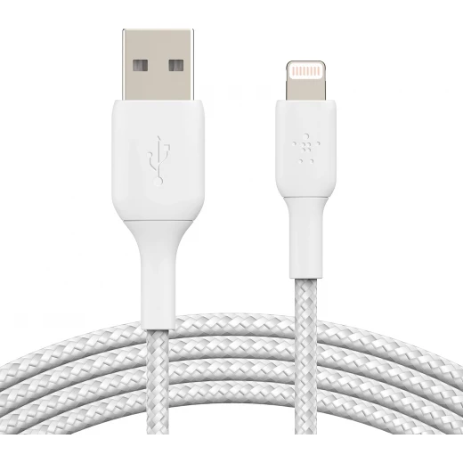 كابل بلكين بوست تشارج مضفّر من نوع USB-A مع موصل لايتنينغ، بطول 3 أمتار، أبيض كابل بلكين بوست تشارج مضفّر من نوع USB-A مع موصل لايتنينغ، بطول 3 أمتار، أبيض