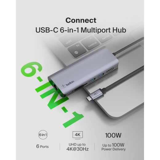 محول بيلكين 6 في 1 USB-C متعدد المنافذ مع HDMI 4K، 100 واط PD، إيثرنت، SD لجهاز MacBook Pro/Air - بيلكين - Image 2