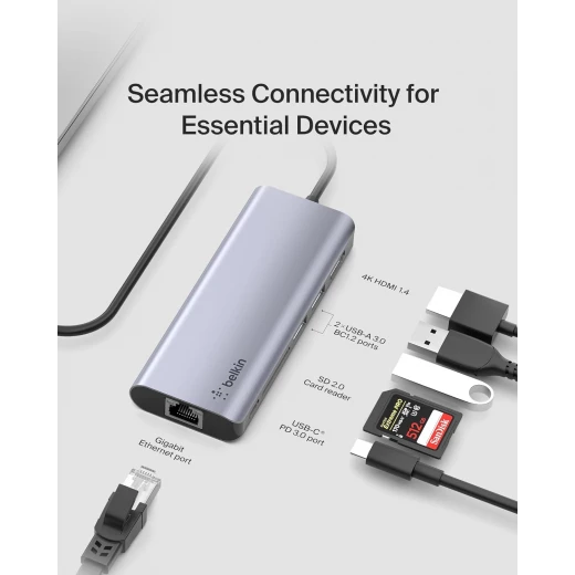 محول بيلكين 6 في 1 USB-C متعدد المنافذ مع HDMI 4K، 100 واط PD، إيثرنت، SD لجهاز MacBook Pro/Air - بيلكين - Image 3