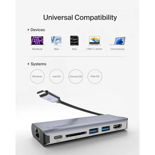 محول بيلكين 6 في 1 USB-C متعدد المنافذ مع HDMI 4K، 100 واط PD، إيثرنت، SD لجهاز MacBook Pro/Air - بيلكين - Image 4