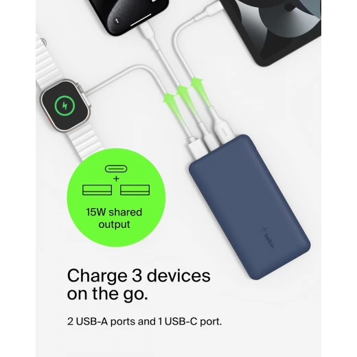 Belkin BoostCharge 3-Port 10K Power Bank with USB-C 15W, dual USB-A, 15cm USB-A to USB-C Cable, Blue - Belkin - Image 9