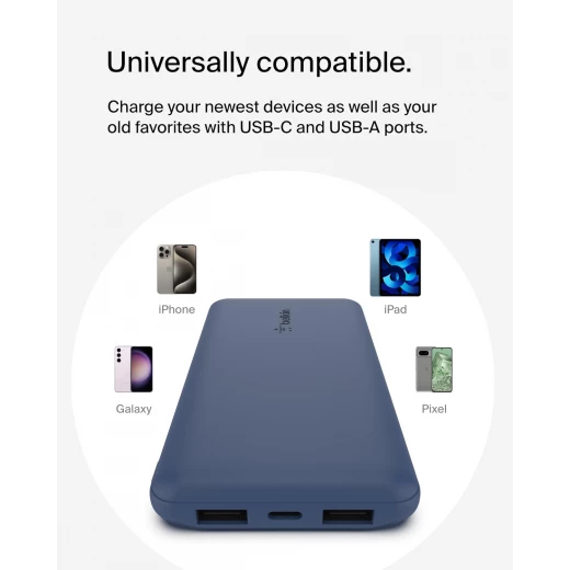 Belkin BoostCharge 3-Port 10K Power Bank with USB-C 15W, dual USB-A, 15cm USB-A to USB-C Cable, Blue - Belkin - Image 3