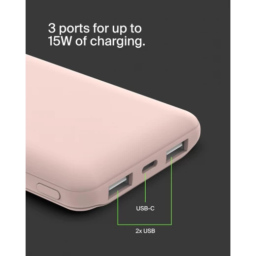 باور بانك بيلكين BoostCharge بسعة 10000 مللي أمبير – 3 منافذ (منفذ USB-C بقدرة 15 واط + منفذين USB-A)، يشمل كابل USB-A إلى USB-C بطول 15 سم – لون وردي - بيلكين - Image 2