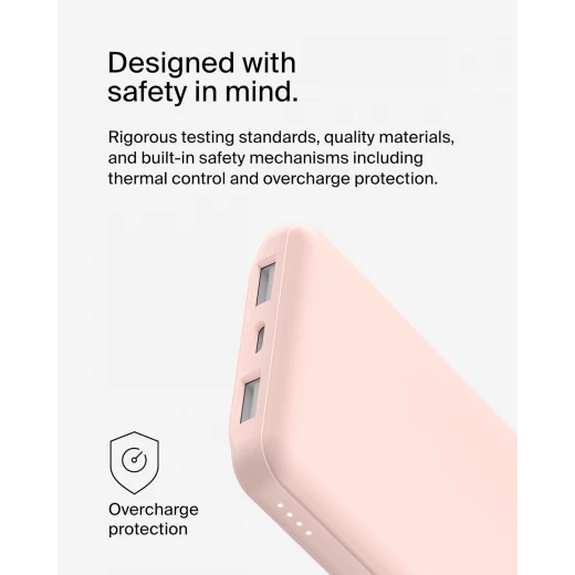 باور بانك بيلكين BoostCharge بسعة 10000 مللي أمبير – 3 منافذ (منفذ USB-C بقدرة 15 واط + منفذين USB-A)، يشمل كابل USB-A إلى USB-C بطول 15 سم – لون وردي - بيلكين - Image 3
