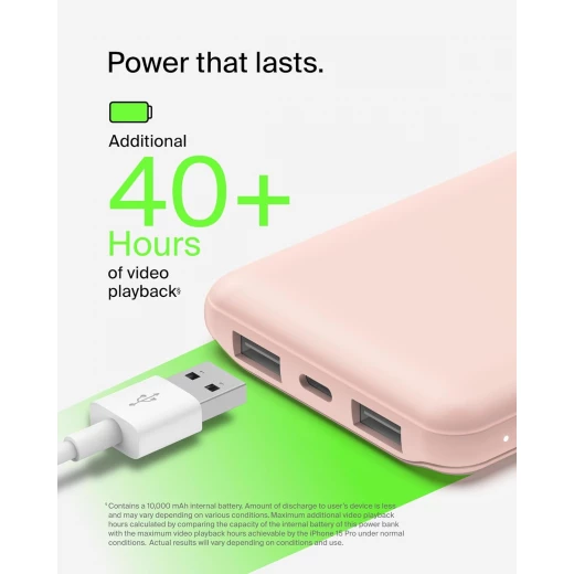 باور بانك بيلكين BoostCharge بسعة 10000 مللي أمبير – 3 منافذ (منفذ USB-C بقدرة 15 واط + منفذين USB-A)، يشمل كابل USB-A إلى USB-C بطول 15 سم – لون وردي - بيلكين - Image 5
