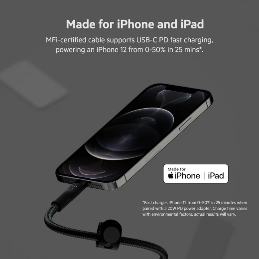 كابل بلكين بوست تشارج برو فليكس مضفّر من السيليكون – USB-C إلى لايتنينغ، بطول 3 أمتار، أسود - بيلكين - Image 4