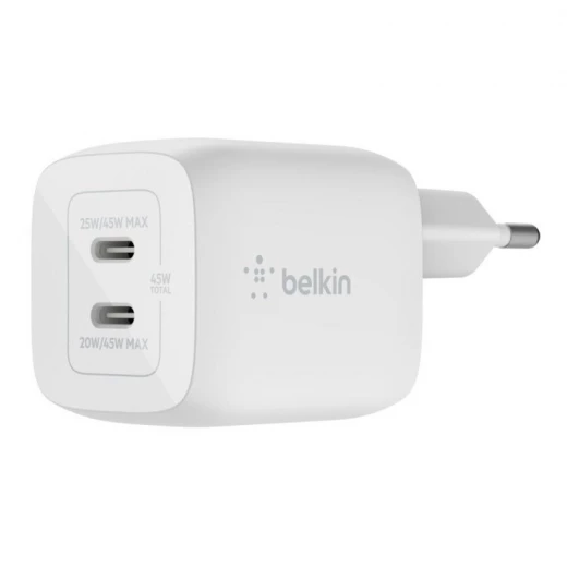 Belkin BoostCharge PRO Dual 45W USB-C PD GaN Fast Charger with PPS, Access up to 45W when using a single USB-C port or 25W + 20W when using both Belkin BoostCharge PRO Dual 45W USB-C PD GaN Fast Charger with PPS, Access up to 45W when using a single USB-C port or 25W + 20W when using both