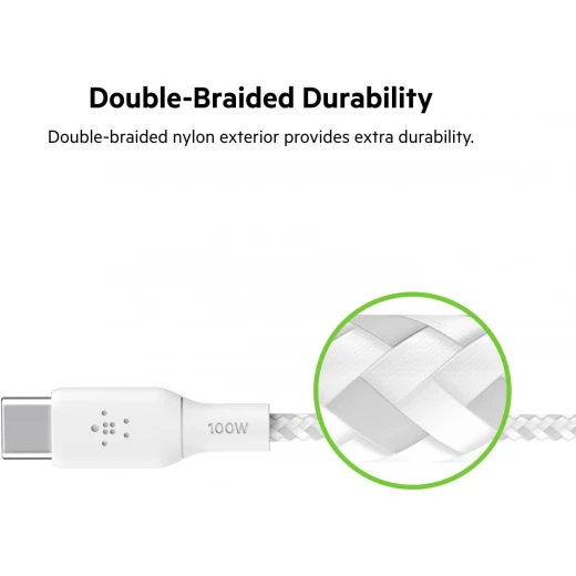 كابل بلكين USB-C إلى USB-C بطول 6.6 قدم، 100 واط، أبيض، سلك شاحن مضفر لأجهزة iPhone و Galaxy و iPad والمزيد - بيلكين - Image 2