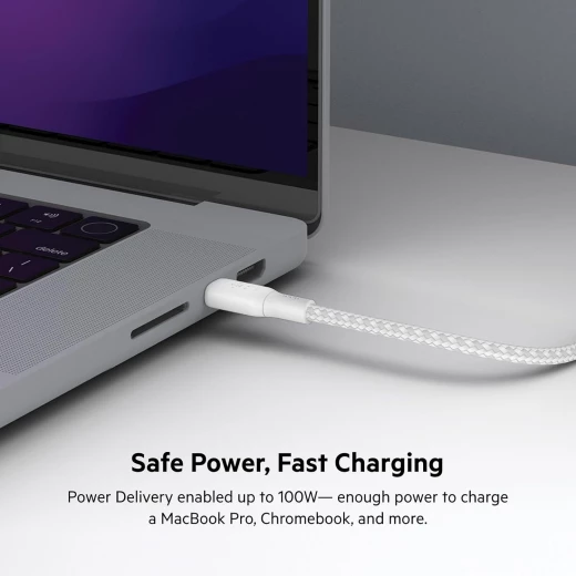 كابل بلكين USB-C إلى USB-C بطول 6.6 قدم، 100 واط، أبيض، سلك شاحن مضفر لأجهزة iPhone و Galaxy و iPad والمزيد - بيلكين - Image 3