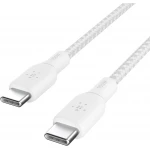 كابل بلكين USB-C إلى USB-C بطول 6.6 قدم، 100 واط، أبيض، سلك شاحن مضفر لأجهزة iPhone و Galaxy و iPad والمزيد - بيلكين