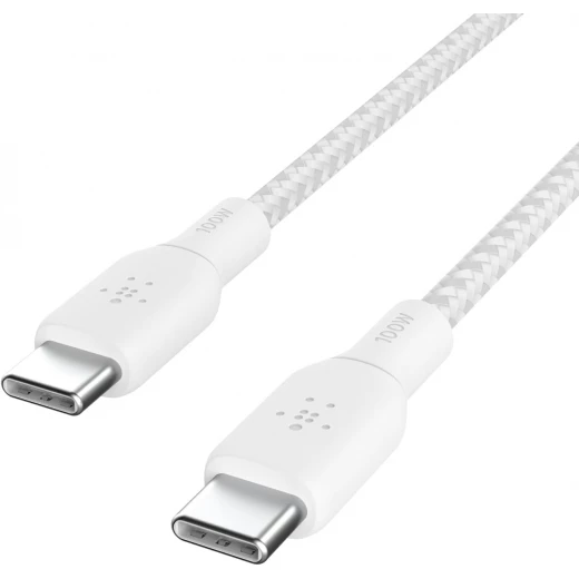 كابل بلكين USB-C إلى USB-C بطول 6.6 قدم، 100 واط، أبيض، سلك شاحن مضفر لأجهزة iPhone و Galaxy و iPad والمزيد