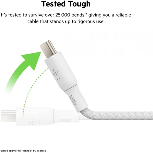 كابل بلكين USB-C إلى USB-C بطول 6.6 قدم، 100 واط، أبيض، سلك شاحن مضفر لأجهزة iPhone و Galaxy و iPad والمزيد - بيلكين - Image 6