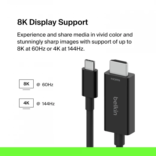 كيبل بيلكين USB-C إلى HDMI 2.1 بطول 6.6 قدم (2 متر) - يدعم 8Kب 60 Hz، 4K  ب 144 Hz، HDR، HBR3، DSC، HDCP 2.2، معتمد للعمل مع كروم بوك، ماك بوك، آيباد برو - بيلكين - Image 2