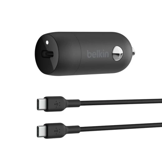 شاحن سيارة بيلكين 30W USB-C PD مع كابل USB-C - أسود شاحن سيارة بيلكين 30W USB-C PD مع كابل USB-C - أسود