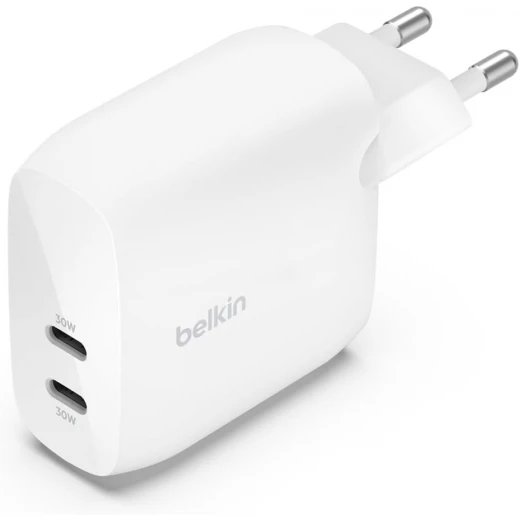 شاحن بيلكين BoostCharge 60W USB-C PD بمنفذين لأجهزة iPhone و iPad و Samsung والمزيد - أبيض شاحن بيلكين BoostCharge 60W USB-C PD بمنفذين لأجهزة iPhone و iPad و Samsung والمزيد - أبيض