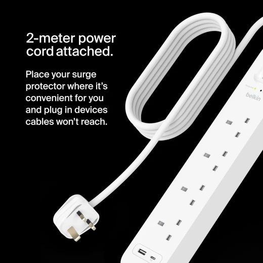 Belkin Surge Protector Power Strip with USB-C & USB-A Ports, 4 Outlets, 2M Cord - Belkin - Image 2
