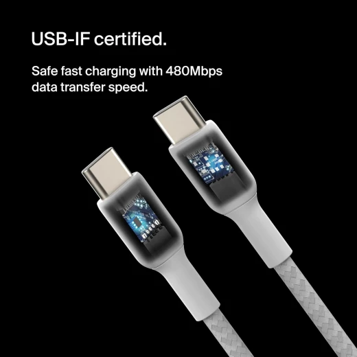 كابل بيلكين BoostCharge USB-C إلى USB-C بطول 3.3 قدم (أبيض، عبوة من قطعتين) لأجهزة iPhone 16 و Galaxy S25 و iPad Pro والمزيد - بيلكين - Image 5