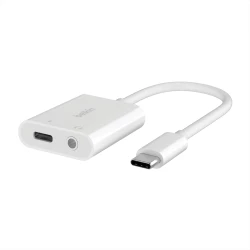 محول صوت بيلكين Rockstar USB-C مع منفذ 3.5 ملم وشحن - أبيض - iPad Pro, Galaxy, Pixel