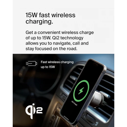 شاحن سيارة لاسلكي بيلكن MagSafe بقوة 15 واط - حامل فتحة تهوية مغناطيسي آمن لأجهزة iPhone 17/16/15/14/13 و Pixel 10 - أبيض - بيلكين - Image 4