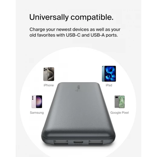Belkin BoostCharge 3-Port 10K Power Bank with USB-C 15W, dual USB-A, 15cm USB-A to USB-C Cable, SPACE GRAY - Belkin - Image 3
