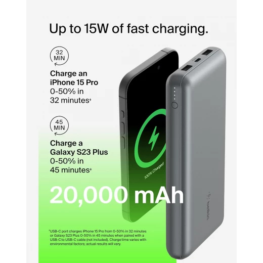 شاحن بيلكين 20000 mAh USB-C باور بانك محمول مع منفذي USB-A - رمادي - بيلكين - Image 7