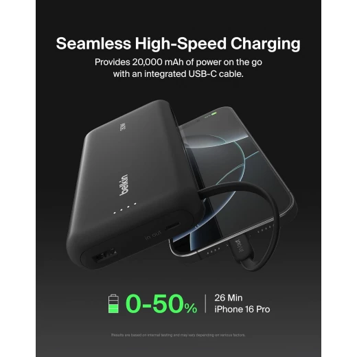 Belkin 20K PD 30W Portable Charger Power Bank with Integrated USB-C Cable - Fast Charging for iPhone, iPad, Galaxy - Belkin - Image 2