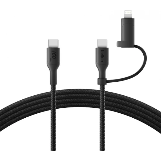 كابل شحن بيلكن 2 في 1 سريع: موصل USB-C و Lightning، أسود مضفر كابل شحن بيلكن 2 في 1 سريع: موصل USB-C و Lightning، أسود مضفر