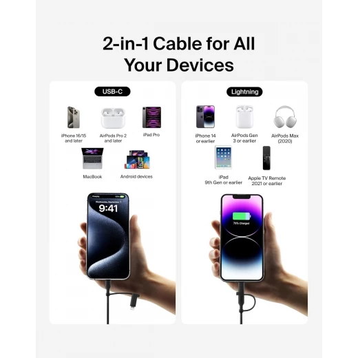 كابل شحن بيلكن 2 في 1 سريع: موصل USB-C و Lightning، أسود مضفر - بيلكين - Image 6