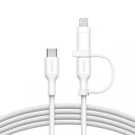 كابل شحن بيلكين 2 في 1 مضفر: موصلات USB-C و Lightning لأجهزة iPhone و iPad و Samsung - أبيض - بيلكين