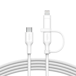 Belkin 2-in-1 Braided Charging Cable: USB-C & Lightning Connectors for iPhone, iPad, Samsung - White