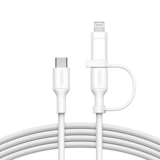 كابل شحن بيلكين 2 في 1 مضفر: موصلات USB-C و Lightning لأجهزة iPhone و iPad و Samsung - أبيض كابل شحن بيلكين 2 في 1 مضفر: موصلات USB-C و Lightning لأجهزة iPhone و iPad و Samsung - أبيض