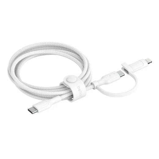 كابل شحن بيلكين 2 في 1 مضفر: موصلات USB-C و Lightning لأجهزة iPhone و iPad و Samsung - أبيض - بيلكين - Image 2