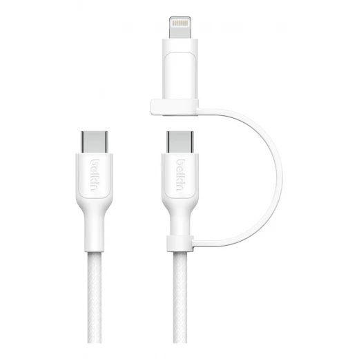 كابل شحن بيلكين 2 في 1 مضفر: موصلات USB-C و Lightning لأجهزة iPhone و iPad و Samsung - أبيض - بيلكين - Image 3