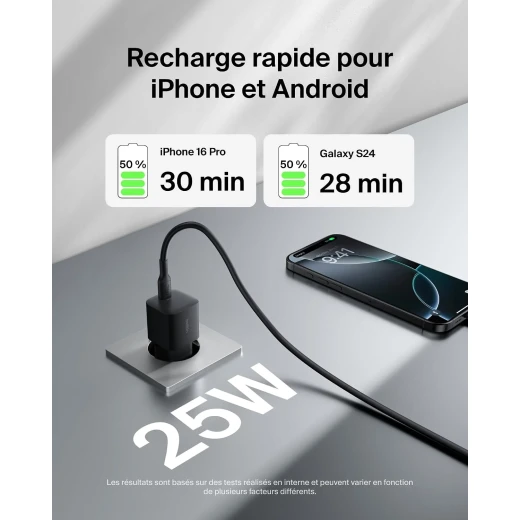 شاحن حائط بيلكن بقدرة خمسة وعشرين واط، بمنفذ يو إس بي سي، شحن سريع بتقنية بي دي ثلاثة فاصل صفر وبي بي إس، للآيفون والآيباد وسامسونج جالاكسي وبكسل ونينتندو سويتش - بيلكين - Image 4