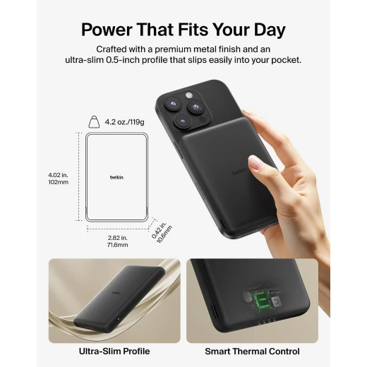 Belkin Boost Charge 5000mAh Magnetic Power Bank, Slim and Portable, Wireless Charging, USB-C Port, Magnetic Ring, Black - Belkin - Image 4