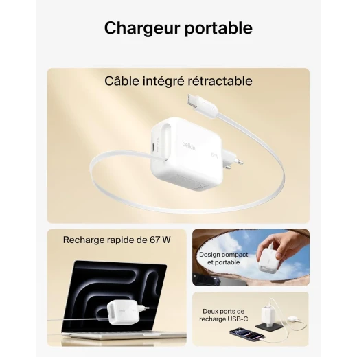 شاحن Belkin UltraCharge USB-C، بقوة 45 واط، مزود بكابل USB-C قابل للسحب بطول 80 سم ومنفذ USB-C، متوافق مع أجهزة iPhone 17 و16، وسلسلة Galaxy S26، وسماعات AirPods، والأجهزة اللوحية، وأجهزة MacBook، وأجهزة الكمبيوتر المحمولة. - بيلكين - Image 2