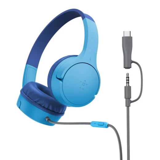 سماعات Belkin SoundForm Mini السلكية للأطفال، 3.5 ملم و USB-C، ازرق سماعات Belkin SoundForm Mini السلكية للأطفال، 3.5 ملم و USB-C، ازرق