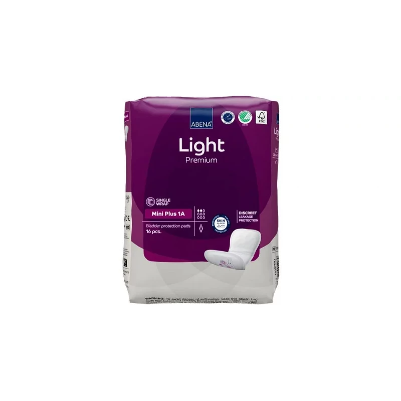 Abena Light Premium Mini Plus 1A Incontinence Pads Discreet Individually Wrapped for Light to Moderate Urine Loss 16 Count - Abena