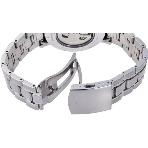 Orient 'Sun & Moon' Open Heart Automatic Watch, Black Dial, Silver Steel Band - ORIENT - Image 2