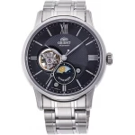 Orient 'Sun & Moon' Open Heart Automatic Watch, Black Dial, Silver Steel Band - ORIENT