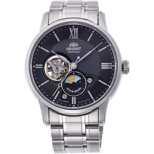 Orient 'Sun & Moon' Open Heart Automatic Watch, Black Dial, Silver Steel Band Orient 'Sun & Moon' Open Heart Automatic Watch, Black Dial, Silver Steel Band