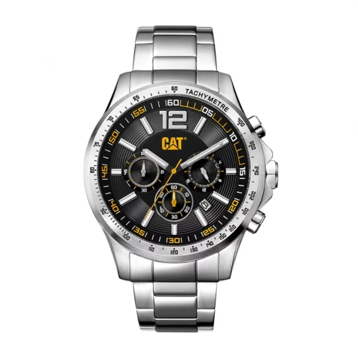 Cat Boston Chronograph Watch Black Dial with Silver Stainless Steel Strap 44mm Case 100M Water Resistance TMI VD53 Movement Classic Design Cat Boston Chronograph Watch Black Dial with Silver Stainless Steel Strap 44mm Case 100M Water Resistance TMI VD53 Movement Classic Design