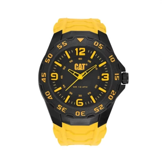 Cat Motion Black Dial Yellow Rubber Strap Watch 45.5mm Case 100M Water Resistant Citizen 2035 Movement Lightweight Sport Watch for Men and Women LB.111.27.137