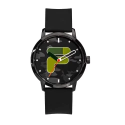 Fila Iconic 38-326-103 Watch: Black PC Case with Black Dial, Japanese Miyota Quartz Movement, 42mm Case Size, Black Silicone Strap, 5 ATM Water Resistance, 1 Year Warranty